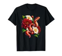 Worm with Red Dahlias and White Moonflowers T-Shirt