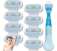 Wormeer 8 Pcs Women's Razor Blades Refills with Blue Handle - Shaving Suitable for Gillette Venus, 3-Layer Replacement Womens Razors for Smooth Shave, Bathroom & Travel, Washable & Easy to Replace
