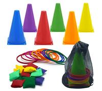 Worown 3 in 1 Carnival Games Set, Ring Toss with Bean Bag, Including Soft Plastic Cones for Outdoor Games, Kids Birthday Party Toss Combo 31 Pcs