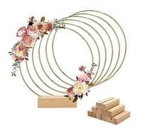 Worown 6 Pack 25cm Metal Floral Hoop Centerpiece with 6 Pack Wooden Stand for Table, Gold Wreath Rings for Making Wedding Table Wreath Decor, Wall Hanging Wreaths and Dream Catcher Crafts