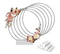 Worown 6 Pack 25cm Metal Floral Hoop Centerpiece with 6 Pack Wooden Stand for Table, Silver Wreath Rings for Making Wedding Table Wreath Decor, Wall Hanging Wreaths and Dream Catcher Crafts