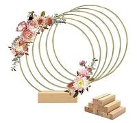 Worown 6 Pack 30cm Metal Floral Hoop Centerpiece with 6 Pack Wooden Stand for Table, Gold Wreath Rings for Making Wedding Table Wreath Decor, Wall Hanging Wreaths and Dream Catcher Crafts