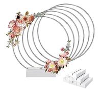 Worown 6 Pack 30cm Metal Floral Hoop Centerpiece with 6 Pack Wooden Stand for Table, Silver Wreath Rings for Making Wedding Table Wreath Decor, Wall Hanging Wreaths and Dream Catcher Crafts