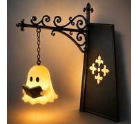 Worparsen Ghost Library Shelf Light, Cute Hanging Ghost Lantern for Bookshelves, Warm Glow LED Night Light, 9.25 Inch Black Iron Stand, Dark Academia Decor Gift for Book Lovers