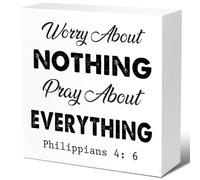 Worry About Nothing Pray About Everything Wood Block Sign,Bible Verse Desk Decor Scripture Art Decor Philippians 4:6 Desk Decor Wooden Bible Verse Sign Christian Desk Decor