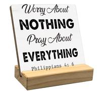 Worry About Nothing Pray About Everything Wood Sign Plaque Gift,Bible Verse Desk Decor Scripture Art Decor Philippians 4：6 Desk Decor 4x4 Inch