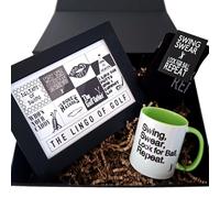 Worry Less Design Fathers Day Golf Gift Box for Dad - Funny Swing Swear Mug, Socks & “Lingo of Golf” Art Print - Unique Gift Set for Golfers - UK Exclusive Present for Him
