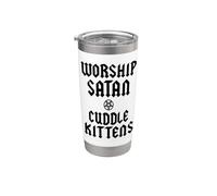 Worship Satan Cuddle Kittens Funny Devil Pentagram Cat Lover Stainless Steel Insulated Tumbler