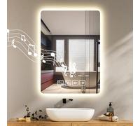 Worshow Bathroom Mirror with LED Lights and Bluetooth, 70×50 cm Wall-Mounted Vanity Mirrors, LED Illuminated Backlit Mirror with Anti-Fog, 3 Colour Dimmable, Time, Memory Function, IP44 Makeup-Mirror