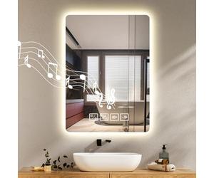 Worshow Bathroom Mirror with LED Lights and Bluetooth, 70×50 cm Wall-Mounted Vanity Mirrors, LED Illuminated Backlit Mirror with Anti-Fog, 3 Colour Dimmable, Time, Memory Function, IP44 Makeup-Mirror