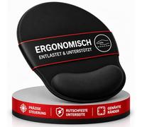 wortek Mouse Mat with Gel Cushion Made of Memory Foam - 23 x 26 cm - Ergonomic Mouse Mat with Wrist Rest - Stitched Edges - Mouse Pad with Wrist Rest for Gentle Posture - Black