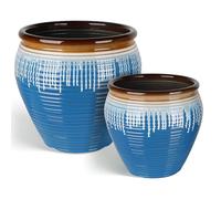 WORTH Clay-Pot-Style Plastic Planters Set of 2 (Large: 17"Dia x 16"H & Small: 13"Dia x 13"H), Blue-Glazed Plant Pot, Round Lightweight Flower Pots with Drainage Hole & Plug for Indoor & Outdoor Use