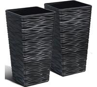 Worth Garden 2-Pack Black Tall Tree Planter - Plastic Square Tapered Plant Pots for Indoor Outdoor - 22" H - Modern Wavy Finish Decorative Flower Pots for Front Porch Containers Patio Deck