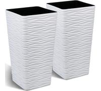Worth Garden Tall Square Planters 22 Inch for Outdoor Plants Indoor Tree Set of 2 Large White Flower Pots Front Porch Modern Matte Wavy Finish Decorative 7 Gallon Containers Home Balcony Patio Deck