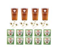 Worthington's Beer Glass Set with 4 Pint Glasses and 10 Beer Mats, Traditional English Style