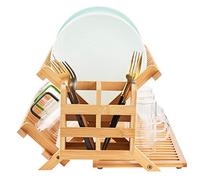 Worthyeah Bamboo Dish Drying Rack, 3 Tier Collapsible Wooden Dish Drying Rack with Utensil Holder, Plate Rack Holder for Kitchen Counter, Large Folding Drying Holder, Dish Drainer
