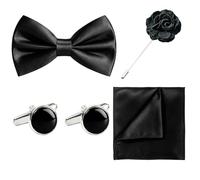 WORUIB Men's Black Satin Bow Tie Set - Pre-Tied Adjustable Bowtie with Lapel Pin, Cufflinks and Pocket Square, Formal Accessories for Groom, Wedding, Prom & Party
