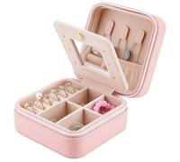 WORUIB Mini Jewellery Box with Mirror, Travel Jewellery Organiser for Women, Pink Jewelry Storage Box with Multiple Compartments, Compact Jewelry Gift Box 10x10x5 cm