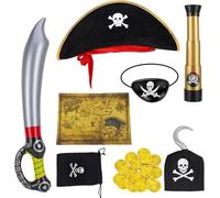 WORUIB Pirate Costume Kids, 8-Piece Set for Halloween and Pirate Themed Parties, Includes Hat, Sword, Eyepatch, Treasure Map, Telescope, Bag, Hook, and Gold Coins, Perfect for Role Play and Dress Up