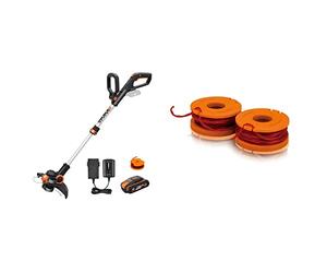 WORX 20V Cordless Grass Trimmer WG163E.1, 1 x 2.0Ah Battery, PowerShare, 2-in-1 Grass Trimmer/Edger, Black & Worx Spool & Line to Fit All 20 V Cordless Grass Trimmer, Set of 2, Set of 2 wa0004.1
