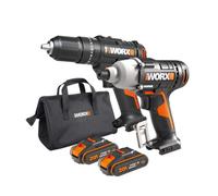 Worx WX902 20V PowerShare Cordless Combi Drill & Impact Driver Kit with 2X 2.0Ah Batteries, Charger & Bag - 50Nm Hammer Drill, 170Nm Impact Driver, LED Light, Compact & Lightweight Design