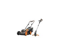 WORX WG927E 40V PowerShare Lawnmower & Trimmer Twin Pack (2x20V) | 34cm mower with AUTO-IntelliCut & 6 cutting heights, plus a line trimmer for edges; dual-port charger & 2 batteries included