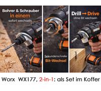 WORX WX177 20V Battery Cordless Drill Screws + Drilling 2-In-1 Quick Change NEW