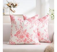 Wosendy Pink and White Floral Pillow Cover 18x18 Inches Dutch Velvet Decorative Vintage Chinoiserie Flower Throw Pillow Case Farmhouse Cushion Covers for Sofa Bed Couch Living Room Set of 2