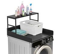 woshapce 68.5cm Washer Dryer Countertop with Shelf, 2-Tier Solid Wood Core Laundry Organiser, Anti-Slip Edge Rails for Single Machine, Heavy-Duty Utility Room Storage Unit, Easy Assembly (Black)