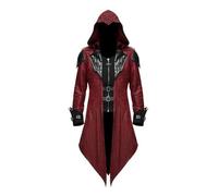 WOSHISHENXIAN Men's Medieval Gothic PU Leather Jacket with Hood Tailcoat Steampunk Victorian Vintage Vampire Splicing Hooded Trench Zipper Tuxedo Coat Long Halloween Costume (Red, XL)