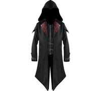 WOSHISHENXIAN Men's Medieval Gothic PU Leather Jacket with Hood Tailcoat Steampunk Victorian Vintage Vampire Splicing Hooded Trench Zipper Tuxedo Coat Long Halloween Costume (Black, 2XL)