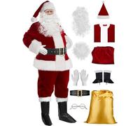 WOSHISHENXIAN Premium Men's Santa Suit - 10pc Deluxe Red Velour Costume Set with Hat & Accessories Breathable Father Christmas Outfit for Carol Singing, Xmas Parties & Family Photos (2XL)