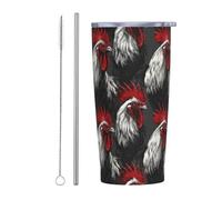Woshuwo Black And White Roosters With Red Tail Feathers Tumbler With Lid And Straw,20oz,Vacuum Insulated Iced Coffee Mug, Reusable Travel Cup Stainless Steel Water Bottle