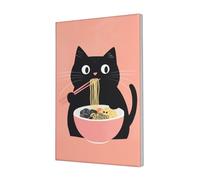 Woshuwo Black Cat Eats Ramen Canvas Wall Art Poster Aesthetic Print Painting For Dorm Bedroom Living Room,30x45cm Framed