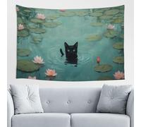 Woshuwo Black Cat In Lake Lotus Flowers Tapestry Wall Art For Bedroom Living Room Dorm Modern Aesthetic Tapestry For Parties Backdrop Banner 60x40 Inch