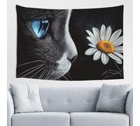 Woshuwo Blue Eye Cat And White Flower Tapestry Wall Art For Bedroom Living Room Dorm Modern Aesthetic Tapestry For Parties Backdrop Banner 60x40 Inch