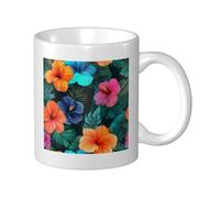Woshuwo Bold Tropical Floral Hibiscus Pattern Ceramic Cup, Elegant Coffee Mug Tee Drinkware Water Cup for Home Office 11oz