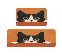 Woshuwo Cat Peeking Over Orange Wall Kitchen Rugs Set Of 2 Non-Slip Floor Mat Runner Rug Doormat Area Carpet Laundry Room Kitchen Decor