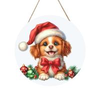 Woshuwo Christmas Dog Wearing Red Hat Wooden Welcome Sign For Front Door,30cm Round Hanging Wall Sign Plaque Farmhouse Decorations