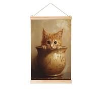 Woshuwo Classical Cat Peeking Ceramic Pot Linen Hanging Painting, Linen Wall Art Home Art Piece Modern Artwork Farmhouse Decor 40x60 Cm
