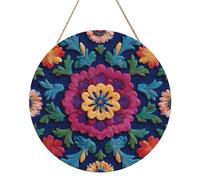 Woshuwo Colorful Flower Motifs Pattern Blue Red Wooden Welcome Sign For Front Door,30cm Round Hanging Wall Sign Plaque Farmhouse Decorations