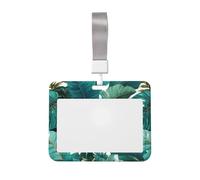 Woshuwo Copper Green Palm Leaves and Tropical Plants Sliding Id Badge Holder Hard Plastic Work Card Case Name Tag Protector for Nurses Office