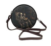 Woshuwo Creepy Skeleton Reading On Armchair Women Round Crossbody Bags Leather Sling Bag Purse