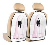 Woshuwo Cute Ghost Holding A Black Cat Car Seat Back Kick Protectors,2 Pack Kick Mats With Storage Pockets For Vehicles To Protect From Dirt Mud Scratches
