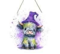 Woshuwo Cute Highland Cow Purple Wizard Hat Wooden Welcome Sign For Front Door,30cm Round Hanging Wall Sign Plaque Farmhouse Decorations