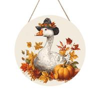 Woshuwo Cute White Geese Pumpkin Vintage Wooden Welcome Sign For Front Door,30cm Round Hanging Wall Sign Plaque Farmhouse Decorations