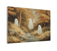 Woshuwo Cute White Ghosts In An Autumn Forest Canvas Wall Art Aesthetic Poster Print Painting For Dorm Living Room,30x45cm Framed
