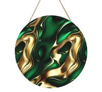 Woshuwo Emerald Green And Gold Marble Swirls Wooden Welcome Sign For Front Door,30cm Round Hanging Wall Sign Plaque Farmhouse Decorations