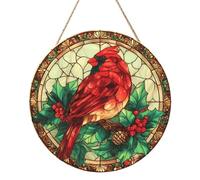 Woshuwo Greenery Red Berries Bird Stained Glass Wooden Welcome Sign For Front Door,30cm Round Hanging Wall Sign Plaque Farmhouse Decorations