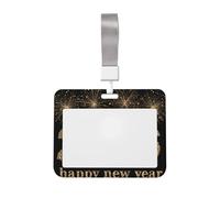 Woshuwo Happy New Year Glittering Golden Fireworks Sliding Id Badge Holder Hard Plastic Work Card Case Name Tag Protector for Nurses Office